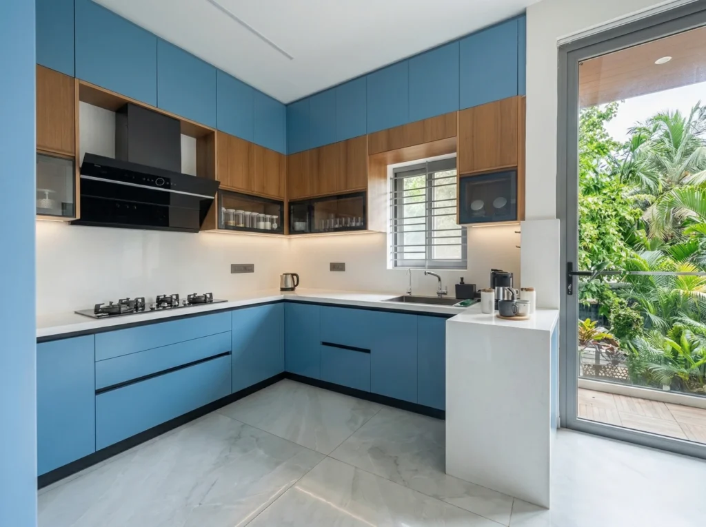 Modern L-shaped modular kitchen with dual-tone blue and wood-finish cabinetry, white quartz countertops, and integrated under-cabinet LED lighting.