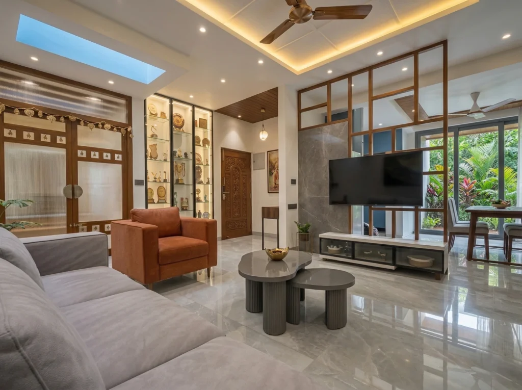 Designer living room interior featuring a luxury false ceiling with cove lighting, a wooden TV partition screen, and open-view transitional spaces.