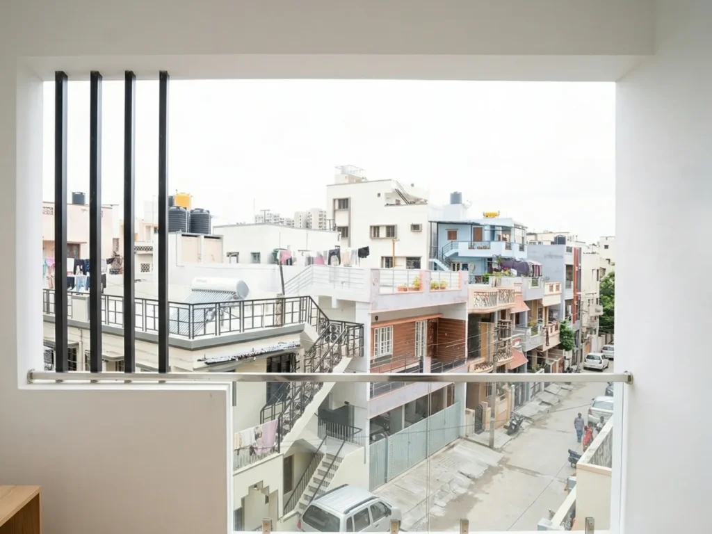 Modern balcony design with a glass railing and stainless steel handrail, offering a clear view of a residential neighborhood.