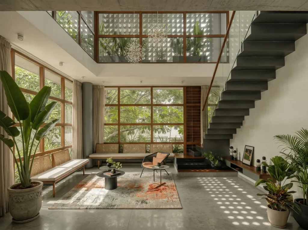 Arun Charanthimath residence – open-plan living room with floating staircase, sputnik chandelier, jali screen light patterns, teak shutters, and view into modular kitchen by High Tech Constructions, Bangalore