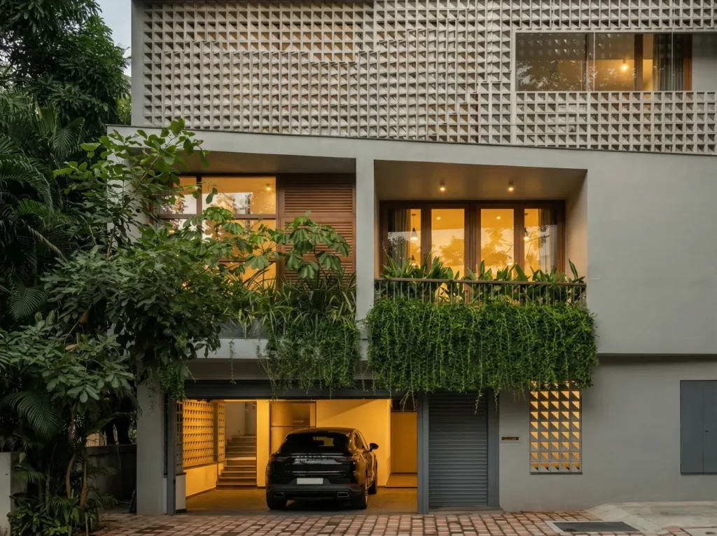 Arun Charanthimath residence – dusk exterior with pyramid jali cladding, cascading balcony plants, and illuminated basement car park entrance by High Tech Constructions, Bangalore
