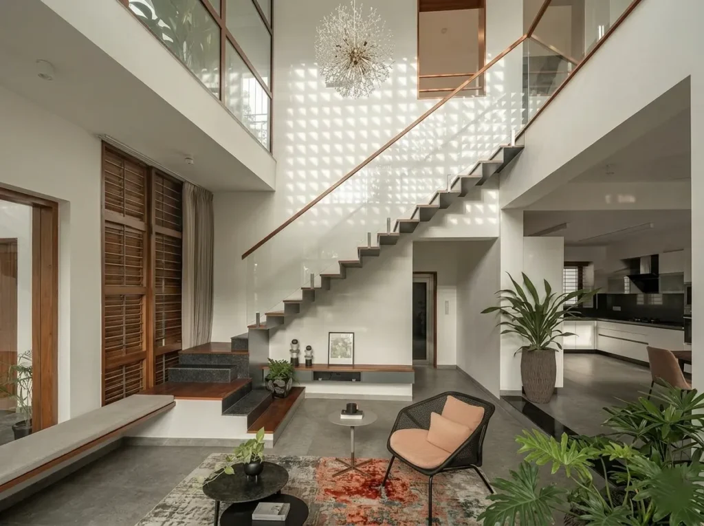 Arun Charanthimath residence – double-height living room with floor-to-ceiling garden windows, floating staircase, concrete jali light pattern on ceiling, and indoor tropical planting by High Tech Constructions, Bangalore