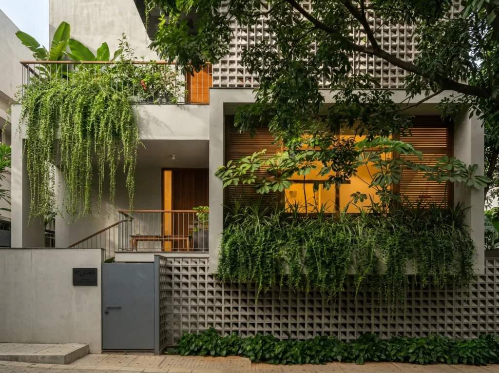 Arun Charanthimath residence – pedestrian entrance with pyramid jali compound wall, cascading creeper plants, teak louvred window, and lush front garden by High Tech Constructions, Bangalore