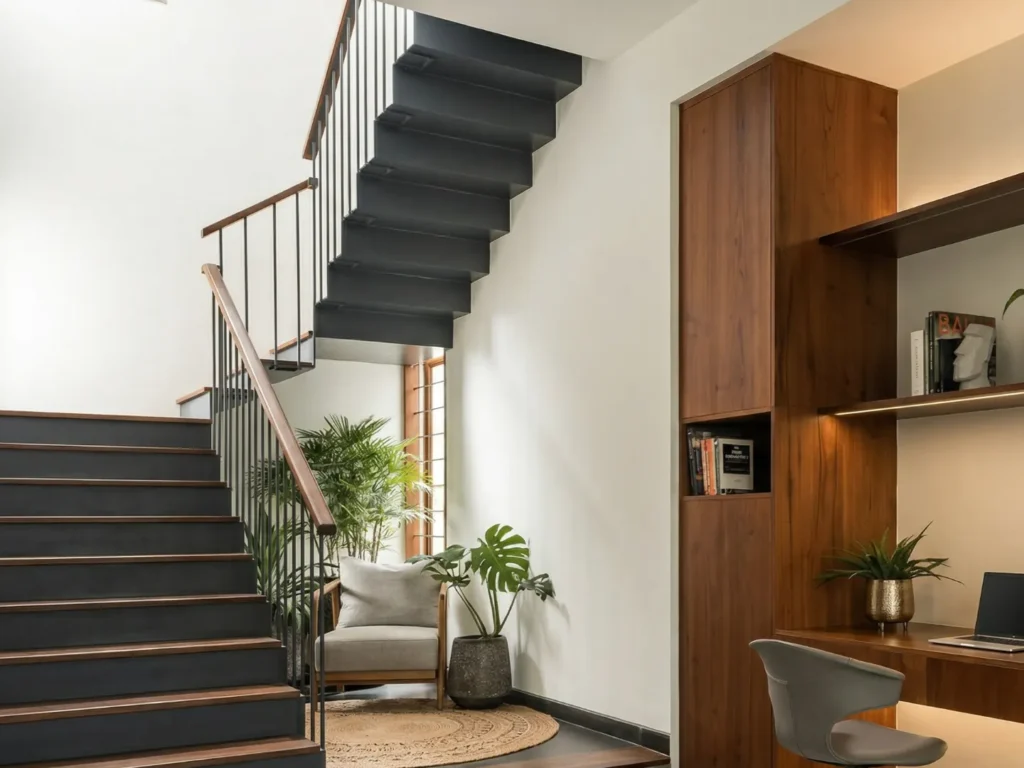 Arun Charanthimath residence – floating steel staircase with wood handrail, reading nook with monstera plant, and built-in walnut study unit by High Tech Constructions, Bangalore