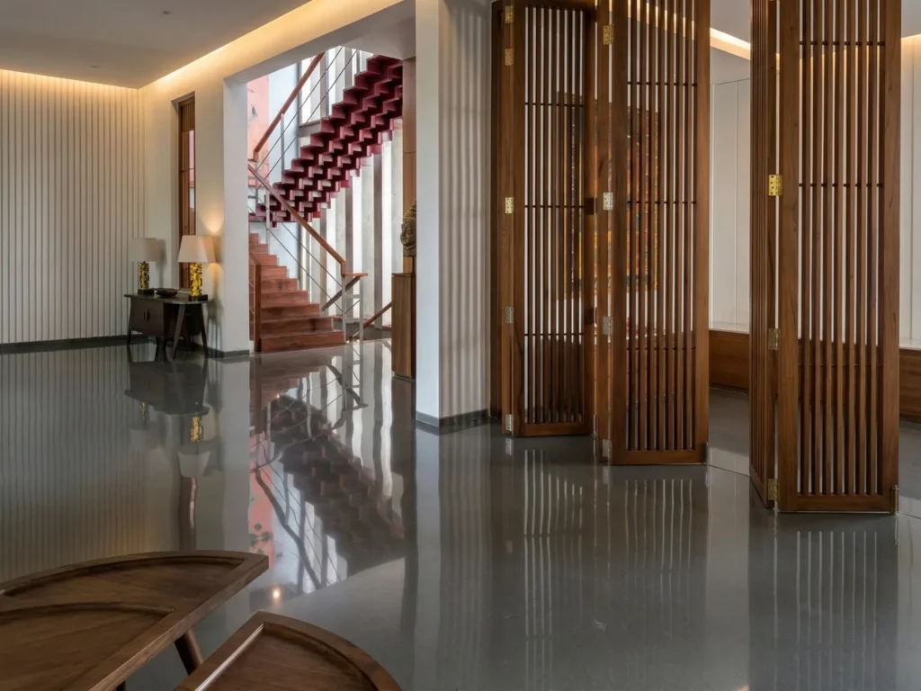Luxury residential interior foyer in Bangalore with polished floors, wooden lattice screen, and crimson staircase by High Tech Constructions