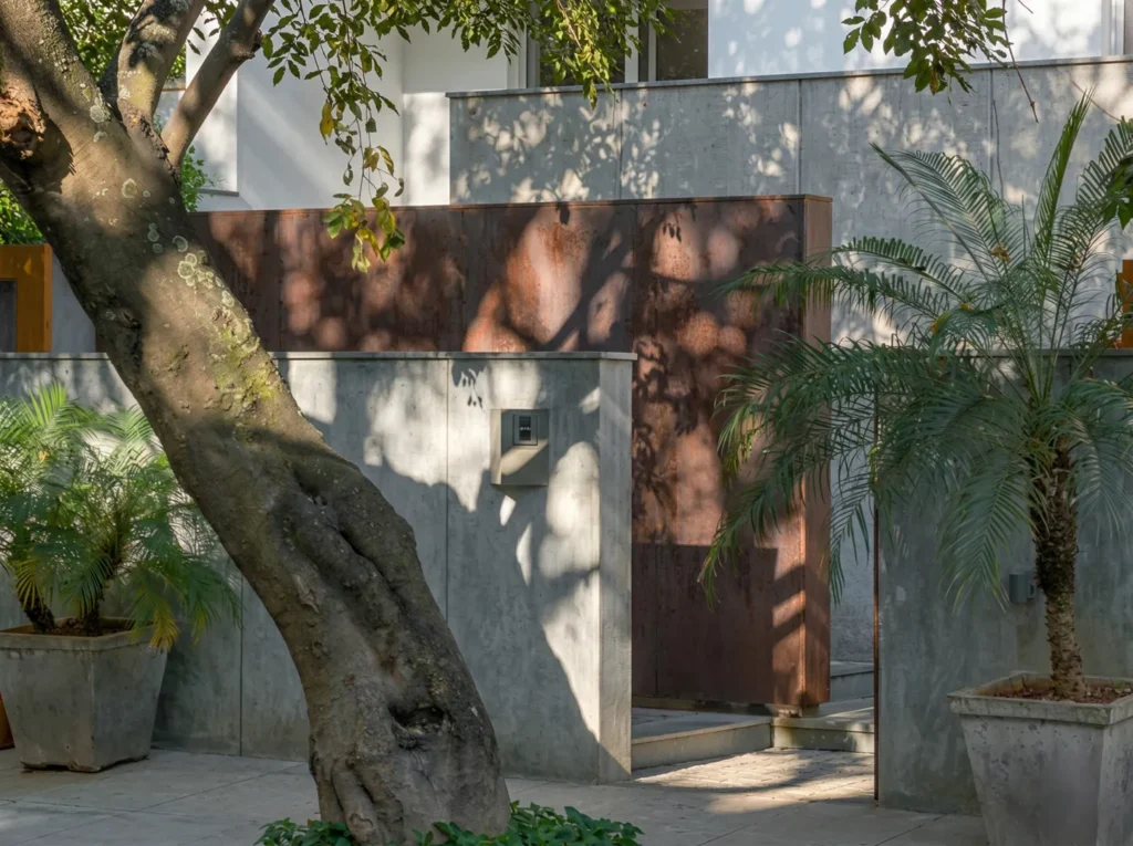 Residential courtyard entry gate with Corten steel panel and mature trees in a Bangalore construction project by High Tech Constructions