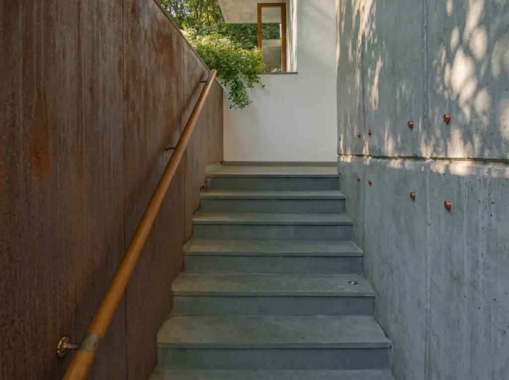 Outdoor concrete staircase with Corten steel wall and timber handrail in a Bangalore residential construction project by High Tech Constructions