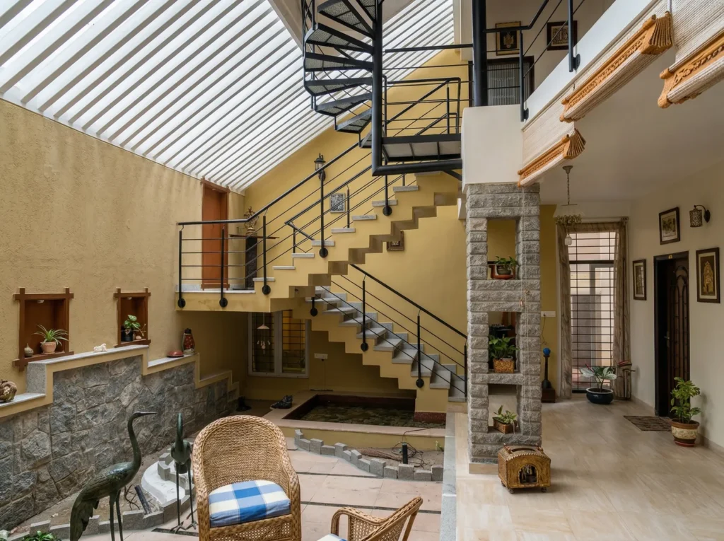 Kalpana turnkey bungalow – double-height central atrium with spiral staircase, natural stone column, indoor water feature, and skylight by High Tech Constructions, Bangalore