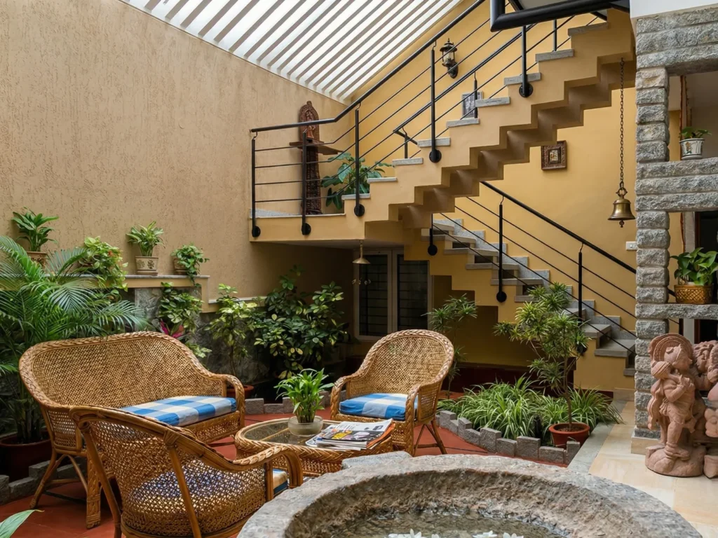 Kalpana turnkey bungalow – central courtyard seating area with cane chairs, indoor plants, stone water feature, and staircase by High Tech Constructions, Bangalore