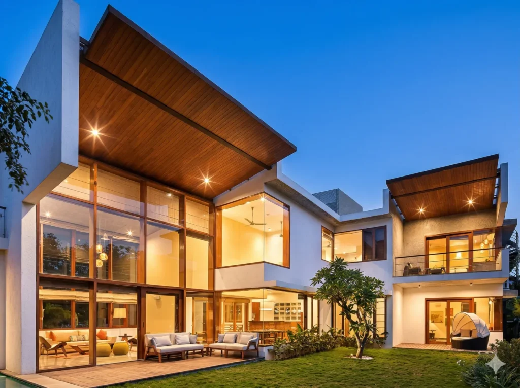 Luxury residential home construction in Bangalore with timber ceiling, double-height glazing, deck, and pool at dusk by High Tech Constructions