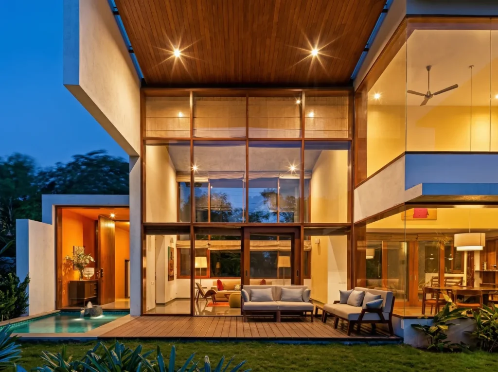 Luxury residential home construction in Bangalore with timber ceiling, double-height glazing, deck, and pool at dusk by High Tech Constructions