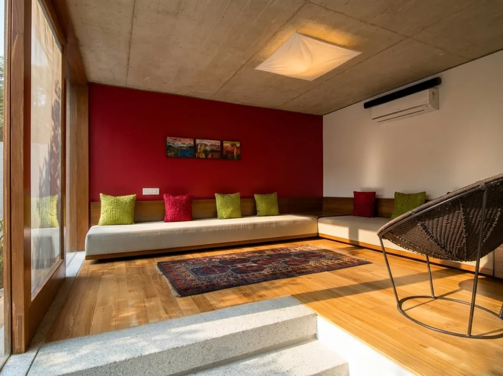 Residential interior construction in Bangalore with sunken timber-floored living room, red accent wall, and concrete ceiling by High Tech Constructions