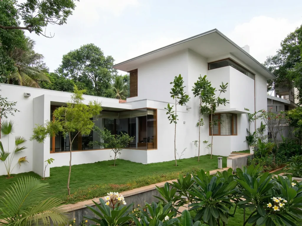 Modern residential home construction in Bangalore with cantilevered glazed corner, white rendered volumes, and lush tropical garden by High Tech Constructions
