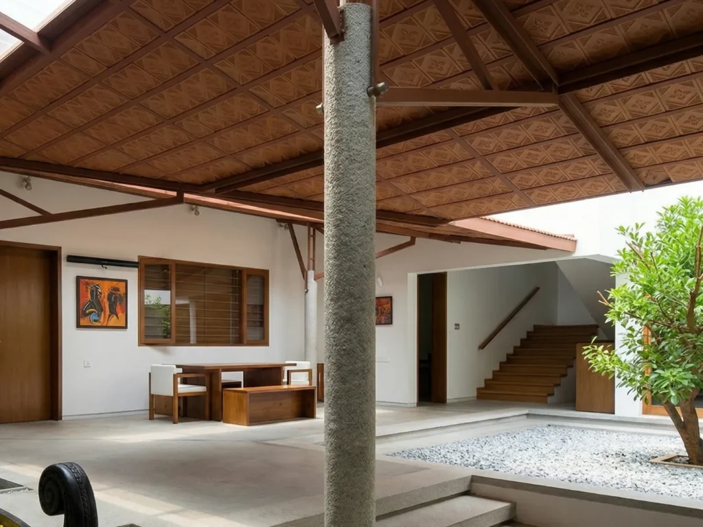 Traditional Indian courtyard home construction in Bangalore with patterned terracotta ceiling, granite column, and central gravel garden