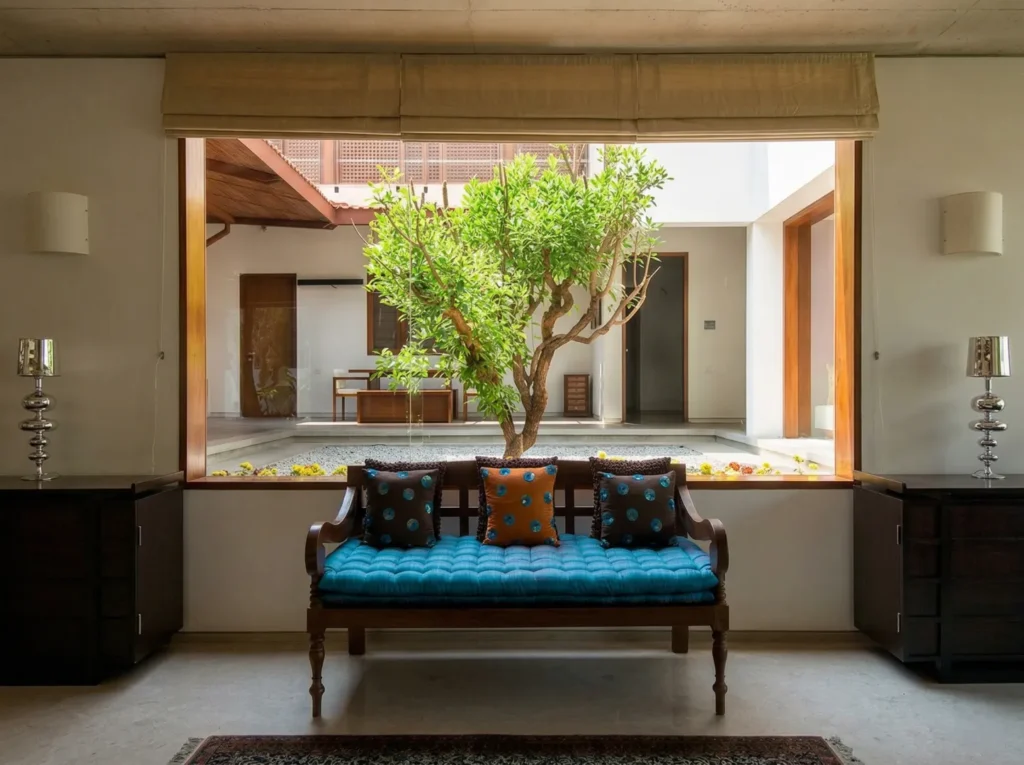 Residential interior construction in Bangalore with teak-framed window seat overlooking a central courtyard tree and gravel garden