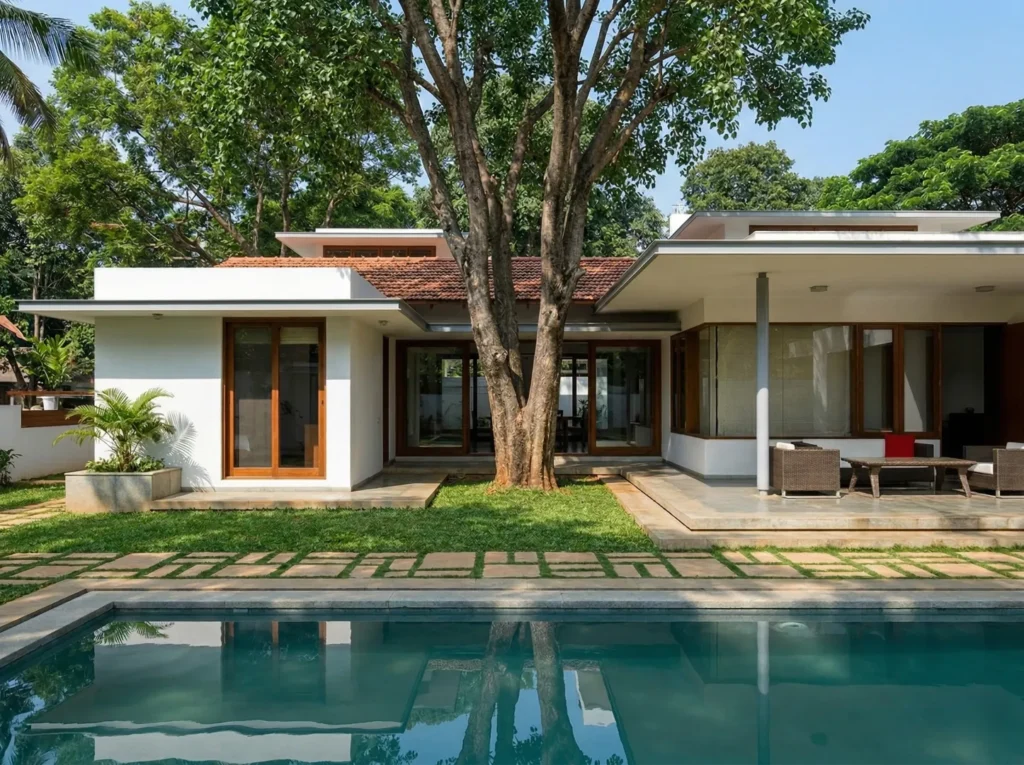 Eco-friendly residential home construction in Bangalore with swimming pool, preserved mature tree, terracotta tile roof, and open verandah