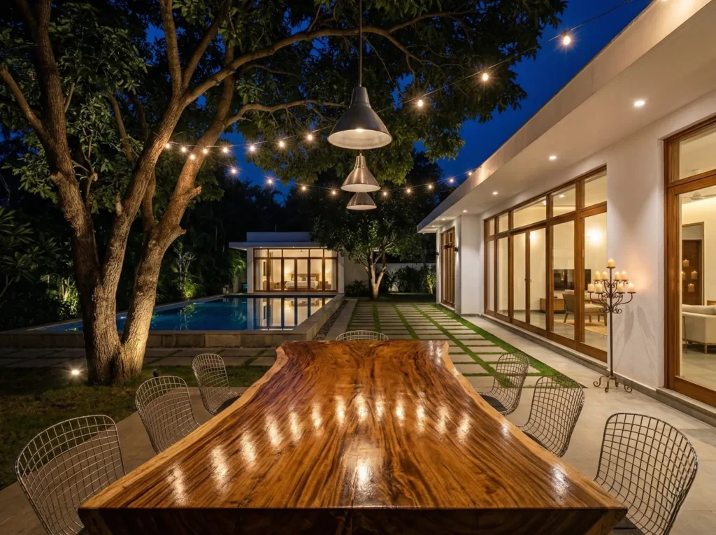 Outdoor alfresco dining area at night with live-edge timber table, string lights, and pool view in a Bangalore residential construction project by High Tech Constructions