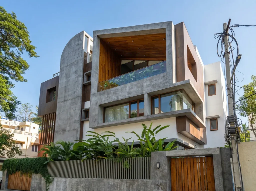 Premium luxury residence with exposed concrete, Corten steel, timber ceiling, and glass balcony — design & build home construction in Bangalore.