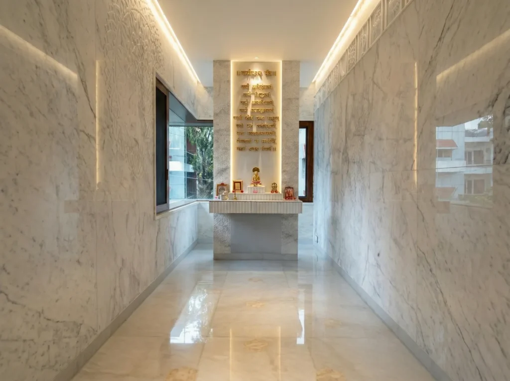 Luxurious all-marble pooja room with backlit Sanskrit scripture wall, floating altar, and LED cove lighting — interiors and construction Bangalore.