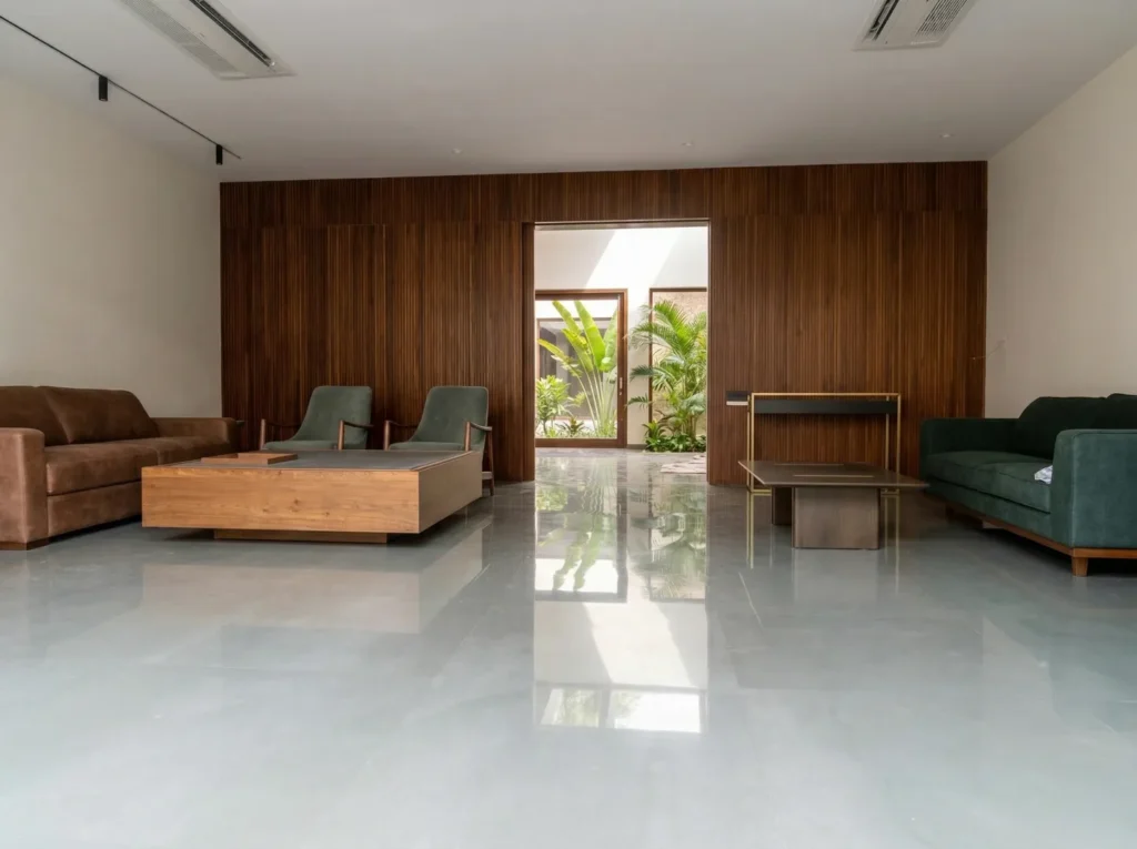 Spacious residential living room with ribbed timber wall panel, marble flooring, and open courtyard view — home construction in Bangalore.