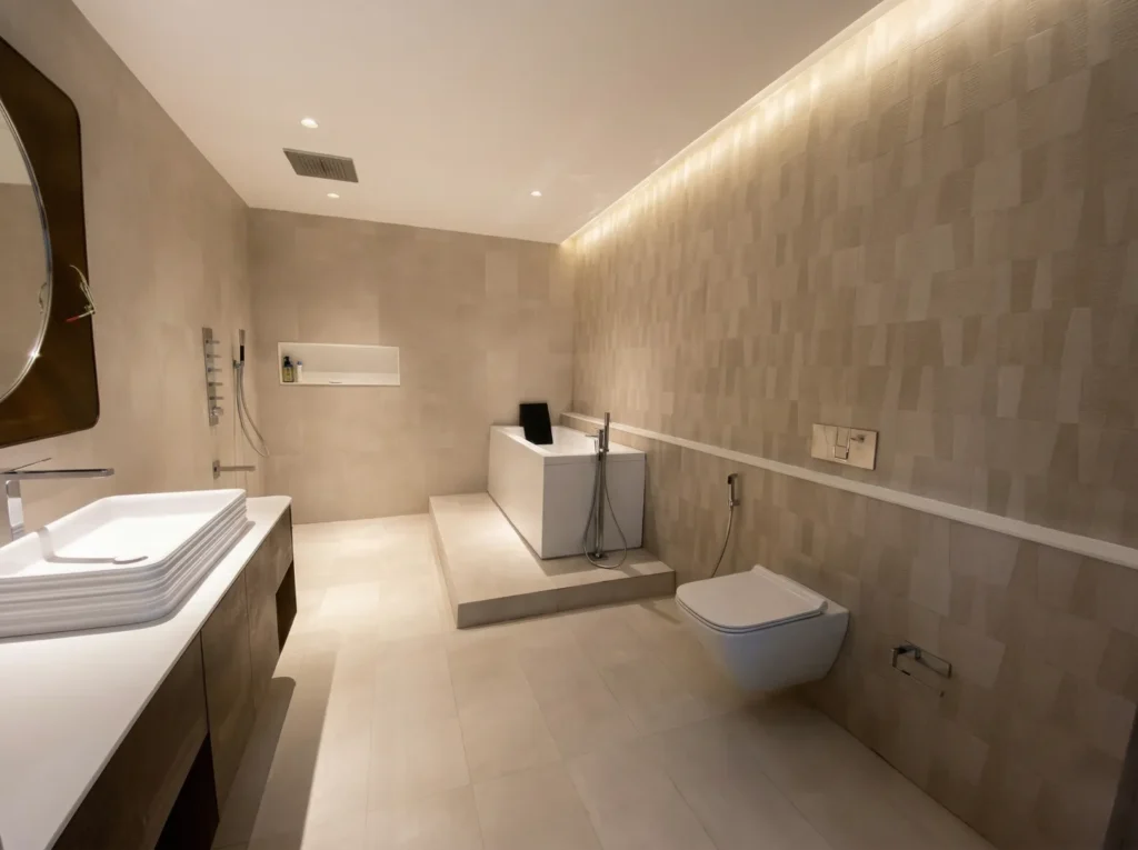 Luxury master bathroom with freestanding soaking tub, textured beige tile walls, vessel sink, and LED cove lighting — home construction Bangalore.