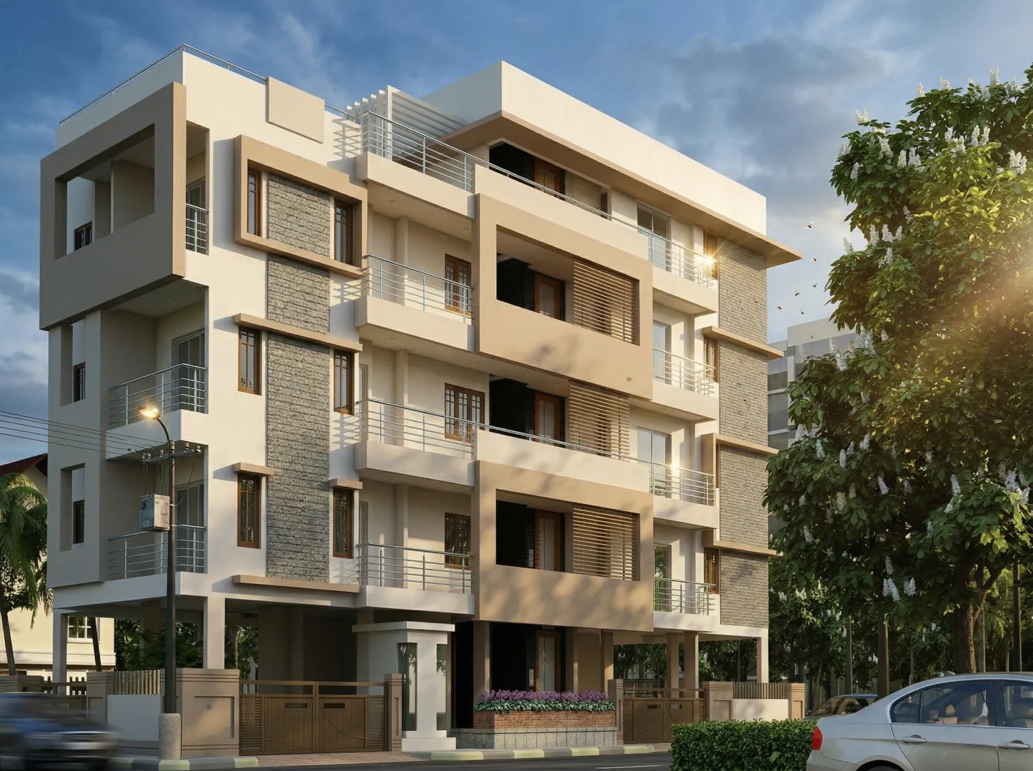 High Tech Aquarius residential building render with stone cladding, warm beige facade, timber louvres, and open balconies in Bangalore.