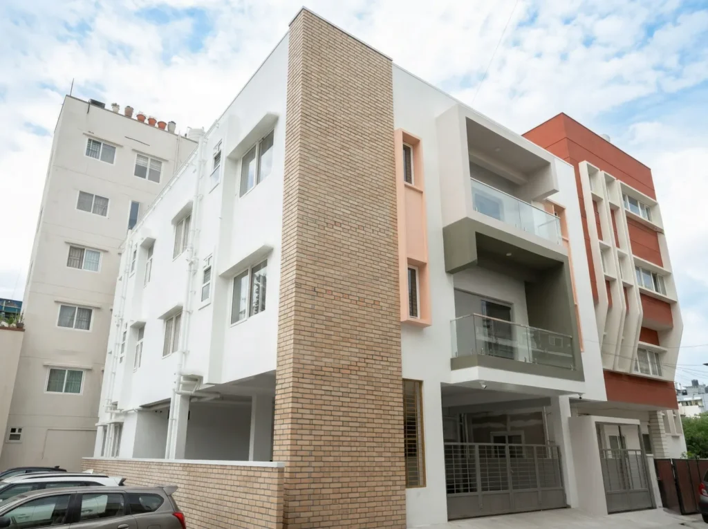 Contemporary multi-story house design featuring exposed brick cladding, white exterior finish, and architectural glass balconies.