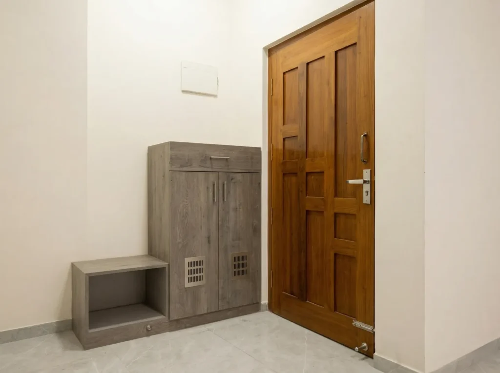 Premium solid teak wood main door with a classic panelled design and contemporary stainless steel hardware.