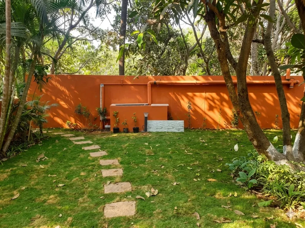 Professionally designed backyard garden with a stone walkway, vibrant orange boundary wall, and integrated drainage system.