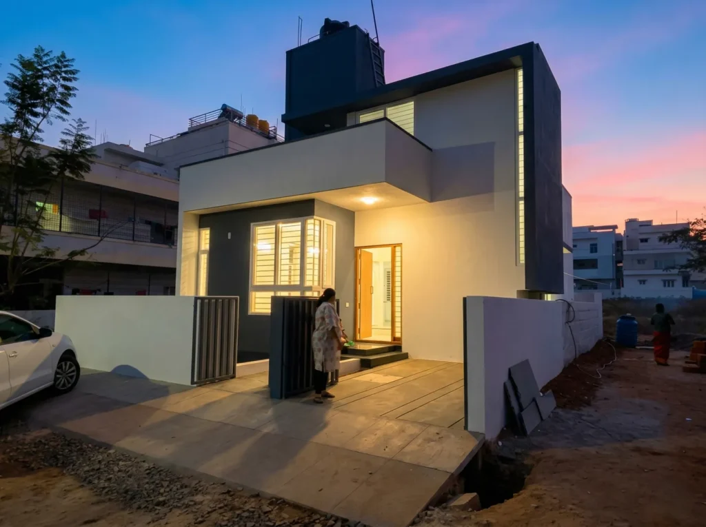 Modern two-story villa exterior with contemporary box-style architecture, warm LED terrace lighting, and premium white and grey facade finish.
