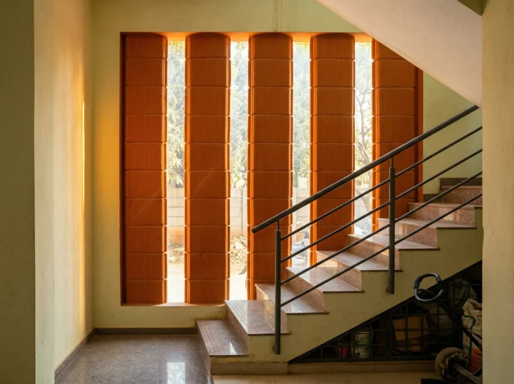 Architectural detail of a staircase landing featuring vertical terracotta clay blocks and glass blocks for natural daylighting and ventilation.