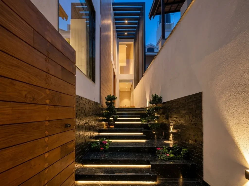 Dramatic residential entry staircase at night with LED-lit black granite steps, teak cladding, and steel pergola in a Bangalore home construction by High Tech Constructions