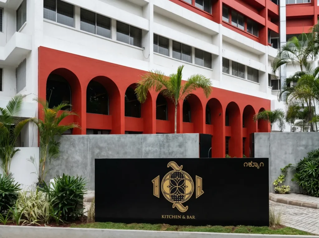 1Q1 Kitchen & Bar restaurant construction in Bangalore featuring bold red arched facade and branded entrance signage by High Tech Constructions