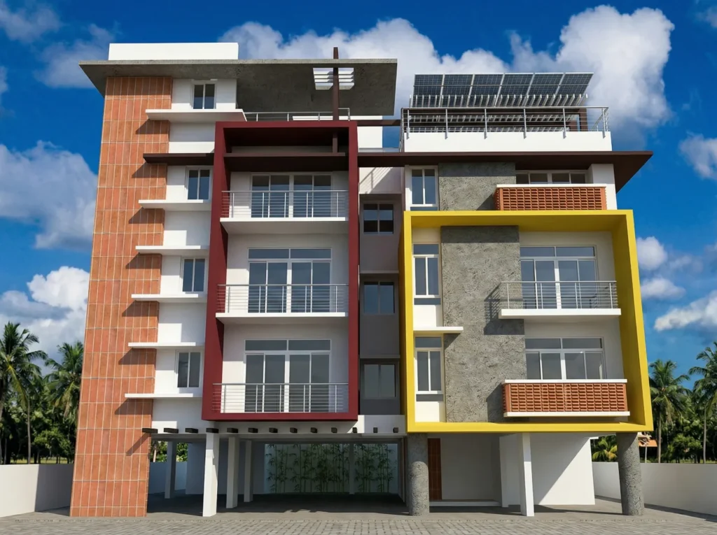 Auriga residential building 3D render with terracotta cladding, maroon and yellow facade panels, and rooftop solar panels — eco-friendly construction Bangalore.
