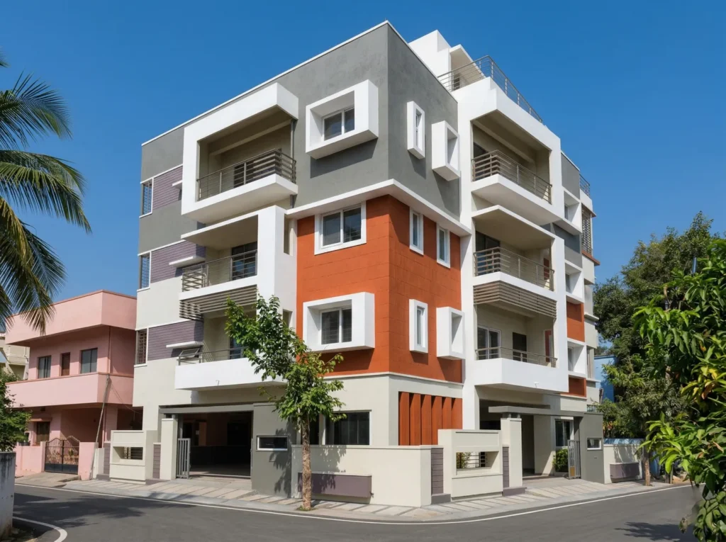 Blossom multi-storey residential building with terracotta, grey, and white facade, projecting balconies, and stilt parking in Bangalore.
