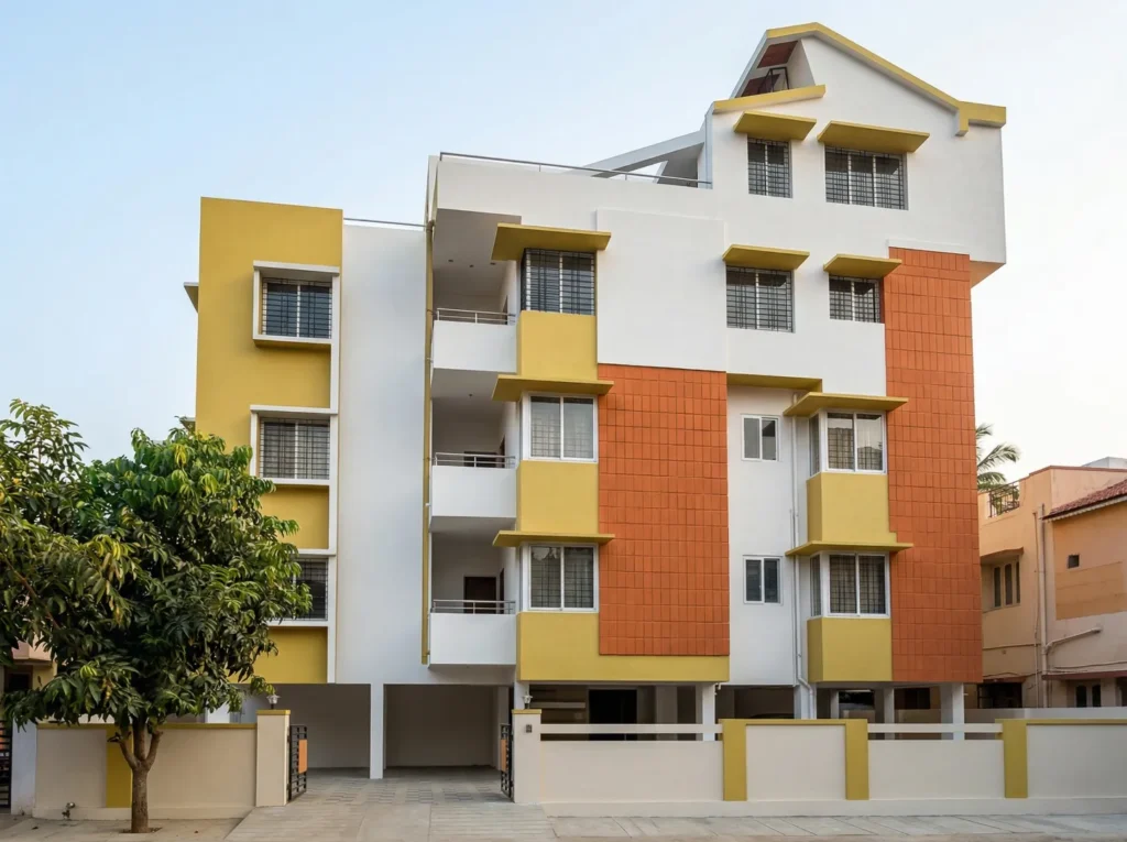 Brudhavana multi-storey residential building with yellow, white, and terracotta cladding facade and stilt parking in Bangalore.