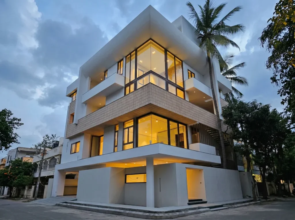Modern multi-storey home construction in Bangalore glowing at dusk with full-height glazing and textured facade by High Tech Constructions
