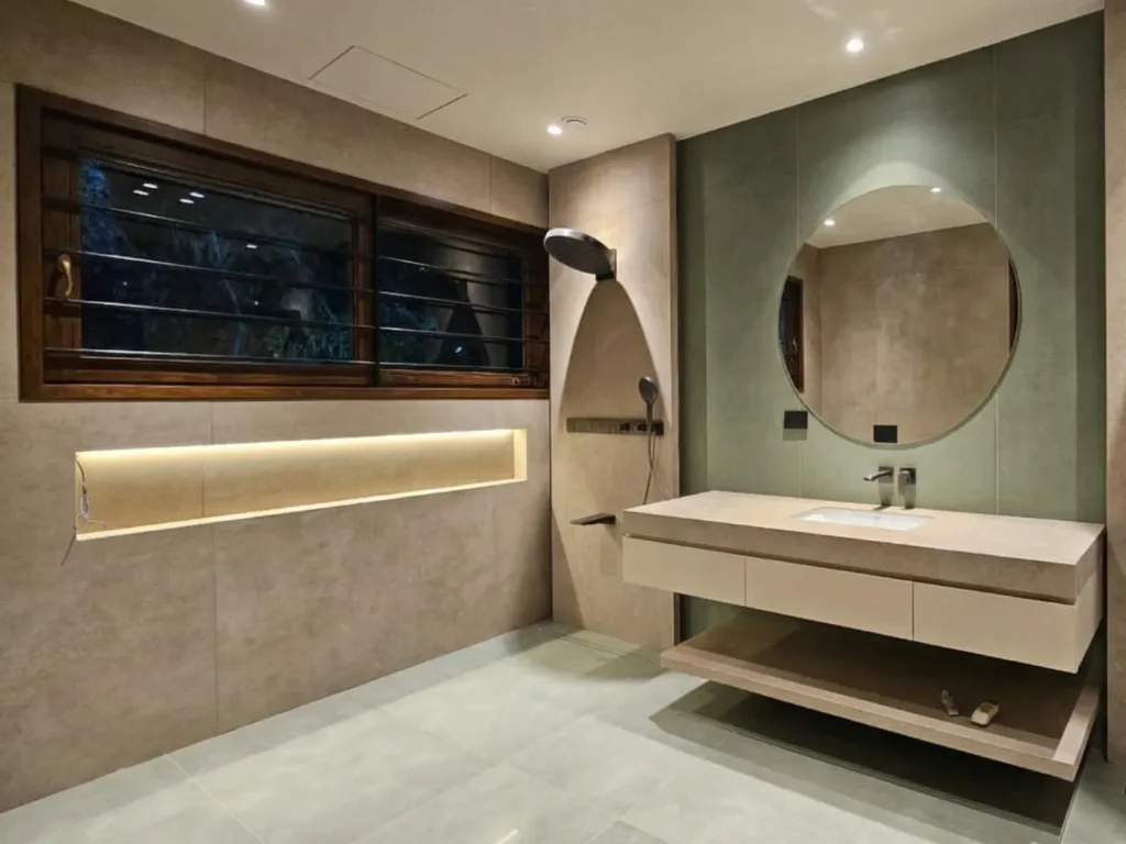 Luxury master bathroom with sage green accent wall, arched shower niche, and round mirror in a Bangalore residential construction by High Tech Constructions