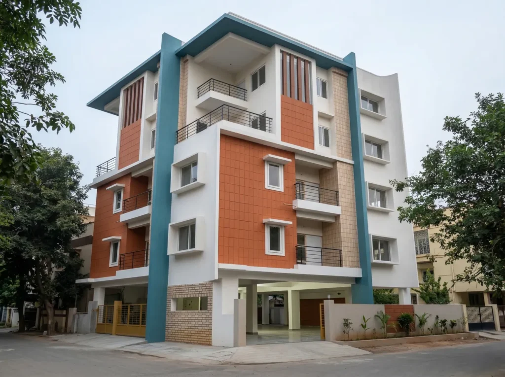 Multi-storey Magnolia residential building with terracotta cladding, teal columns, and stilt parking — house construction company in Bangalore.