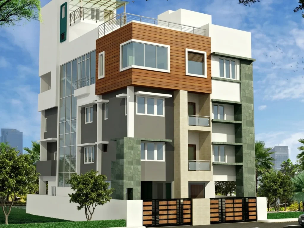Sampige multi-storey residential building render with timber cladding, green stone panels, glass stairwell, and rooftop terrace in Bangalore.