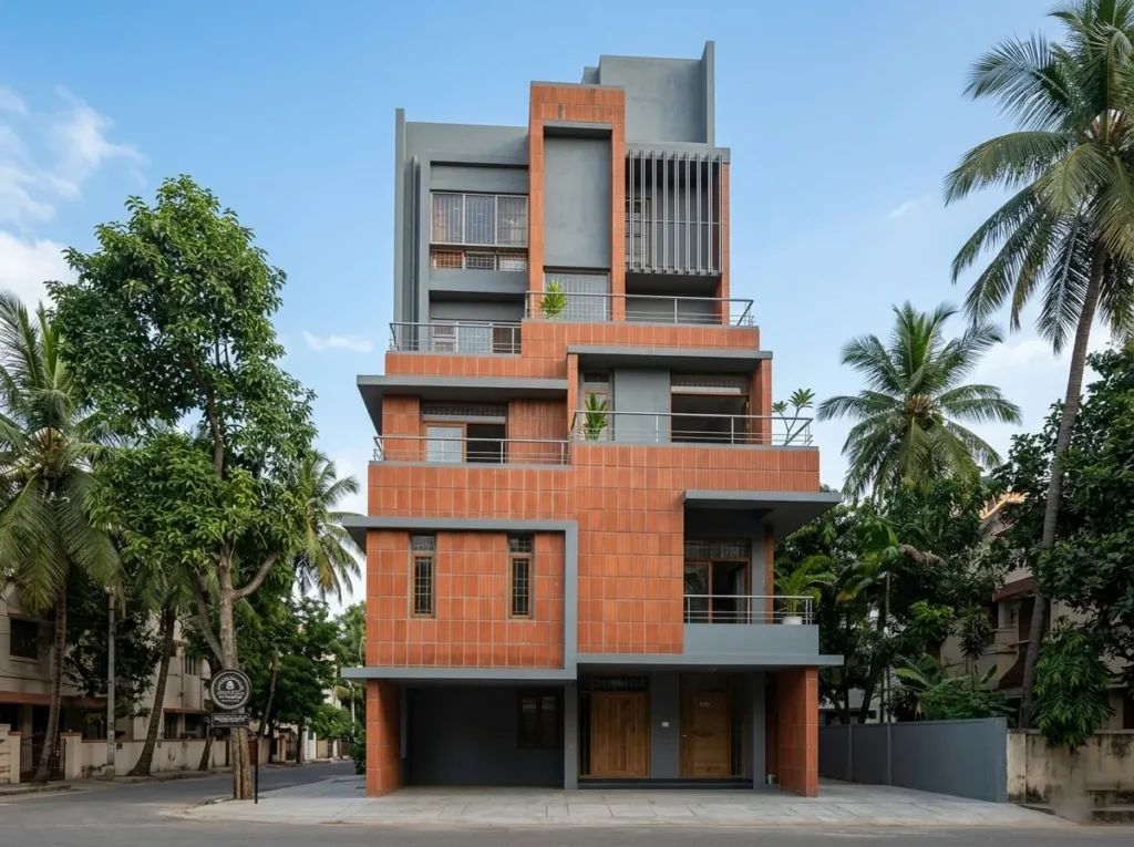 Multi-storey residential building construction in Bangalore with terracotta tile cladding and grey concrete facade by High Tech Constructions