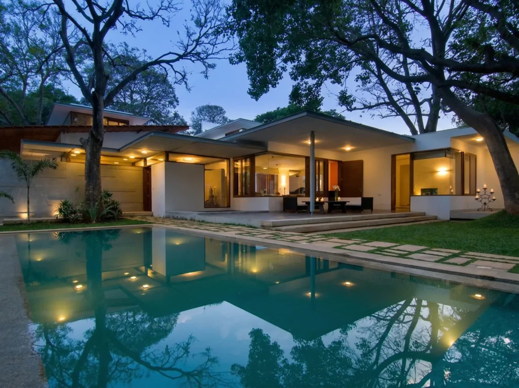 Luxury residential home construction in Bangalore with illuminated open pavilion, lap pool reflection, and mature tree canopy at dusk by High Tech Constructions