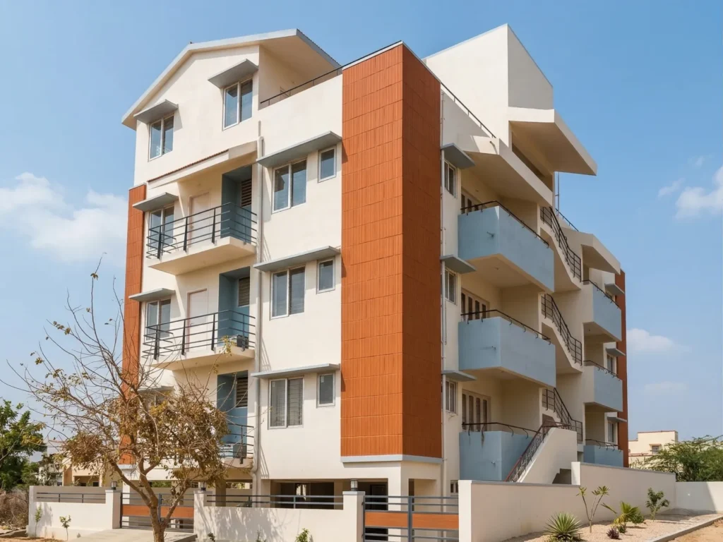 Multi-storey Nandi residential building with terracotta cladding, cream facade, and open balconies — residential construction in Bangalore.