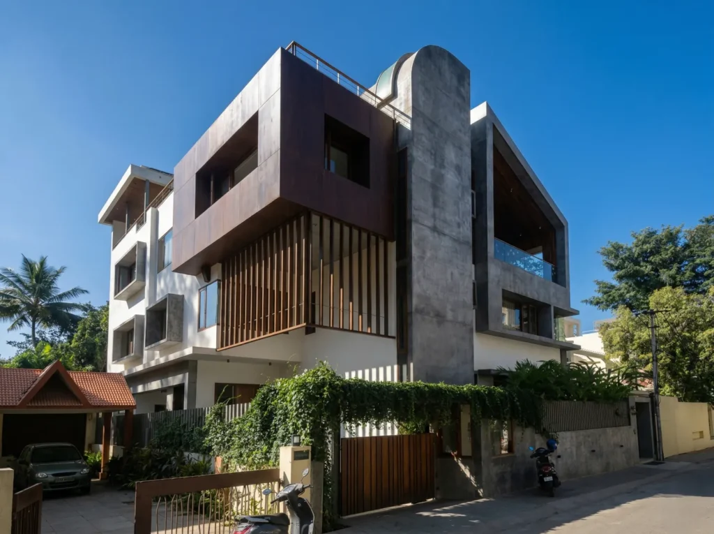 Luxury multi-storey residence with Corten steel, exposed concrete, timber louvres, and green compound wall — premium home construction in Bangalore.