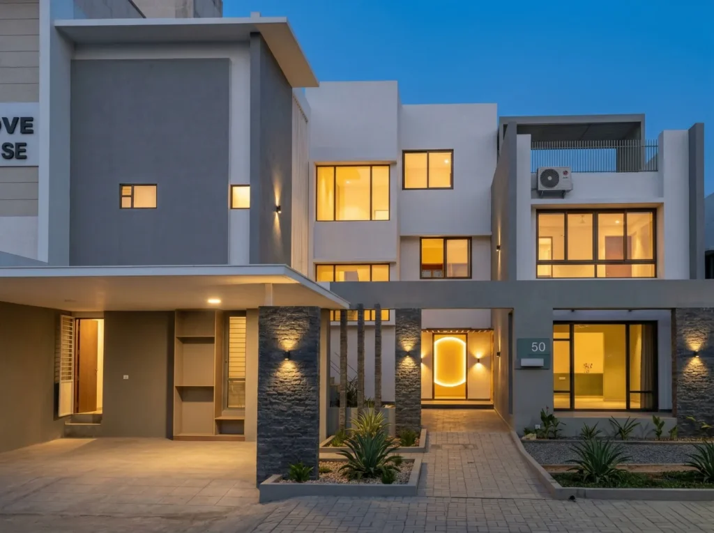 Modern residential home exterior at dusk with grey and white facade, stone cladding, glowing interiors, and landscaped entrance in Bangalore.