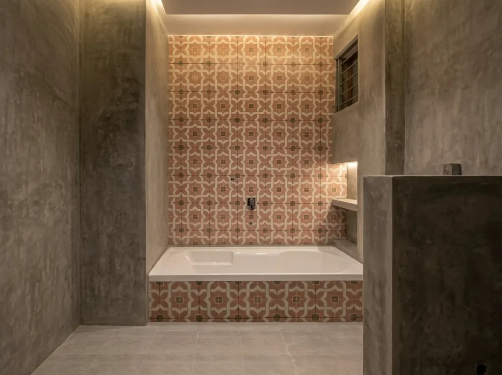 Luxury bathroom with patterned encaustic tile bathtub alcove, exposed concrete walls, and warm LED cove lighting — interiors and construction Bangalore.